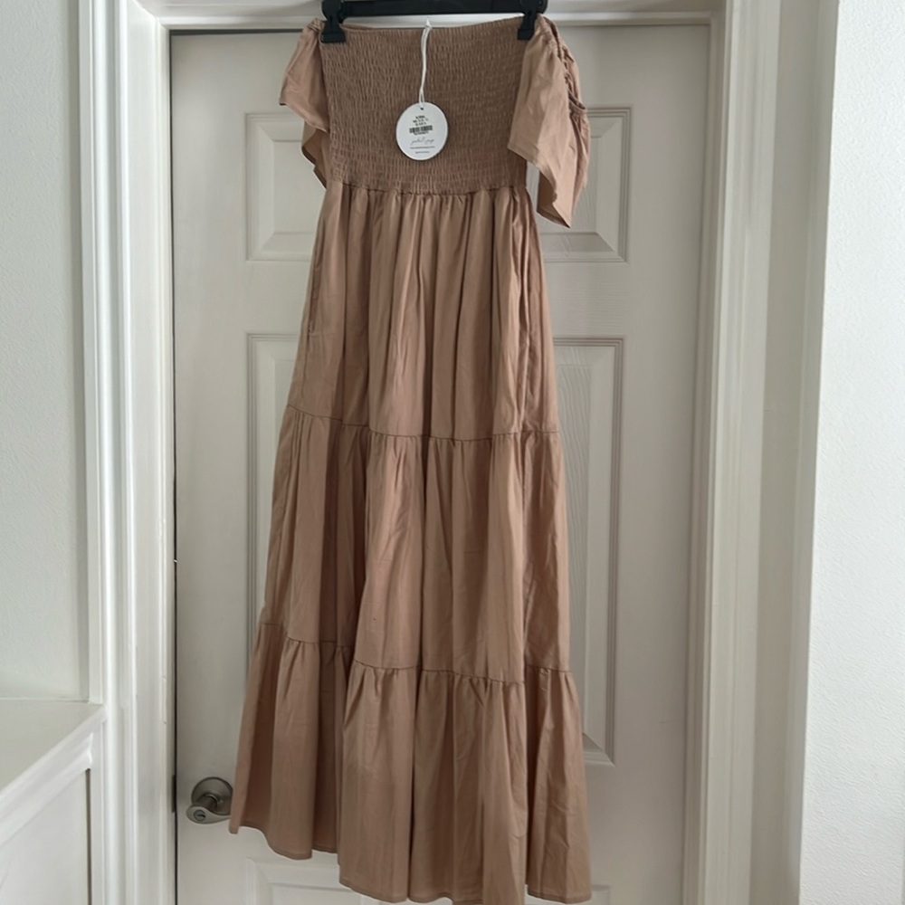 Smocked Off-Shoulder Maxi Dress - Beige